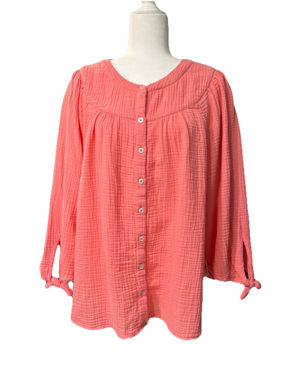 Talbots Button Front Top Womens L Orange Brush Cotton Waffle Crew Neck